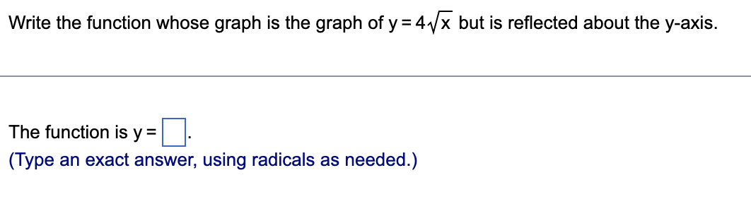 Write the function whose graph is the graph of y = 4√√x but is reflected about the y-axis.
☐.
(Type an exact answer, using radicals as needed.)
The function is y =