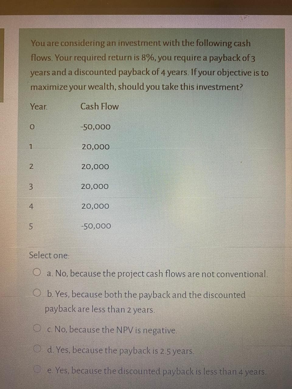 You are considering an investment with the following cash
flows. Your required return is 8%, you require a payback of 3
years and a discounted payback of 4 years. If your objective is to
maximize your wealth, should you take this investment?
Year.
Cash Flow
-50,000
20,000
20,000
3
20,000
4
20,000
-50,000
Select one:
O a. No, because the project cash flows are not conventional.
O b. Yes, because both the payback and the discounted
payback are less than 2 years.
O c. No, because the NPV is negative.
O d. Yes, because the payback is 2.5 years.
O e. Yes, because the discounted payback is less than 4 years.
