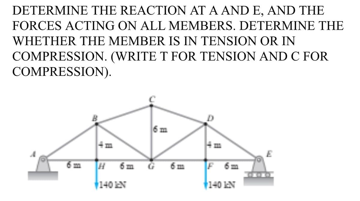 DETERMINE THE REACTION AT A AND E, AND THE
FORCES ACTING ON ALL MEMBERS. DETERMINE THE
WHETHER THE MEMBER IS IN TENSION OR IN
COMPRESSION. (WRITE T FOR TENSION AND C FOR
COMPRESSION).
6m
H 6m
F 6m
†140 EN
+140 IN
