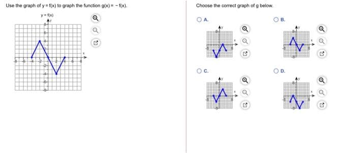 Use the graph of y = f(x) to graph the function g(x) = - f(x).
Choose the correct graph of g below.
y= f(x)
OA.
OB.
Oc.
