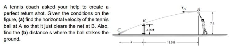 A tennis coach asked your help to create a
perfect return shot. Given the conditions on the
figure, (a) find the horizontal velocity of the tennis
ball at A so that it just clears the net at B. Also,
find the (b) distance s where the ball strikes the
ground.
7 ft
3.35 ft
19.5 t

