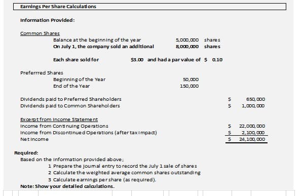 Earnings Per Share Calculati ons
Informatlon Provlded:
Common Shares
Balance at the beginning of the ye ar
On July 1, the company sold an additional
5,000,000 shares
8,000,000 shares
Each share sold for
$3.00 and had a par value of $ 0.10
Preferrred Shares
Beginning of the Year
End of the Year
50,000
150,000
Dividends pald to Preferred Shareholders
Dividends pald to Common Sharehol ders
650, 000
1,000, 000
Ex ce pt from Income Statement
Income from Continuing Operations
22,000, 000
Income from Discontinued Ope rations (aftertaxImpact)
2,100, 000
Net Income
24,100, 000
Requlred:
Based on the Information provided above:
1 Prepare the Joumal entry to record the July 1 sale of shares
2 Calculate the welghted average common shares outstandi ng
3 Calculate e arnings pershare (as required).
Note: Show your detal led calaulatlons.
