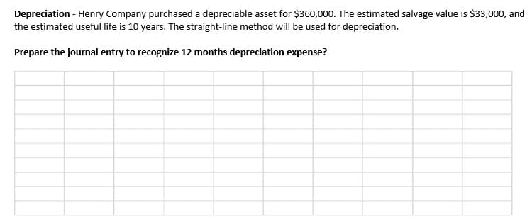 Depreciation - Henry Company purchased a depreciable asset for $360,000. The estimated salvage value is $33,000, and
the estimated useful life is 10 years. The straight-line method will be used for depreciation.
Prepare the journal entry to recognize 12 months depreciation expense?
