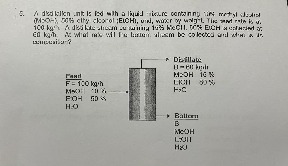 5.
A distillation unit is fed with a liquid mixture containing 10% methyl alcohol
(MeOH), 50% ethyl alcohol (EtOH), and, water by weight. The feed rate is at
100 kg/h. A distillate stream containing 15% MeOH, 80% EtOH is collected at
60 kg/h. At what rate will the bottom stream be collected and what is its
composition?
Distillate
D = 60 kg/h
Feed
MeOH
EtOH
F = 100 kg/h
MeOH
10 %
H₂O
EtOH 50 %
H₂O
Bottom
B
MeOH
EtOH
H₂O
15 %
80 %