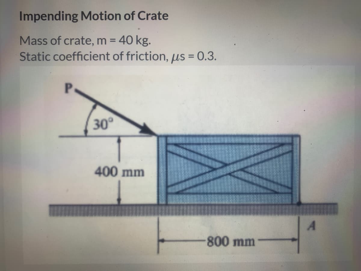Impending Motion of Crate
Mass of crate, m = 40 kg.
Static coefficient of friction, µs = 0.3.
%3D
30
400 mm
800 mm

