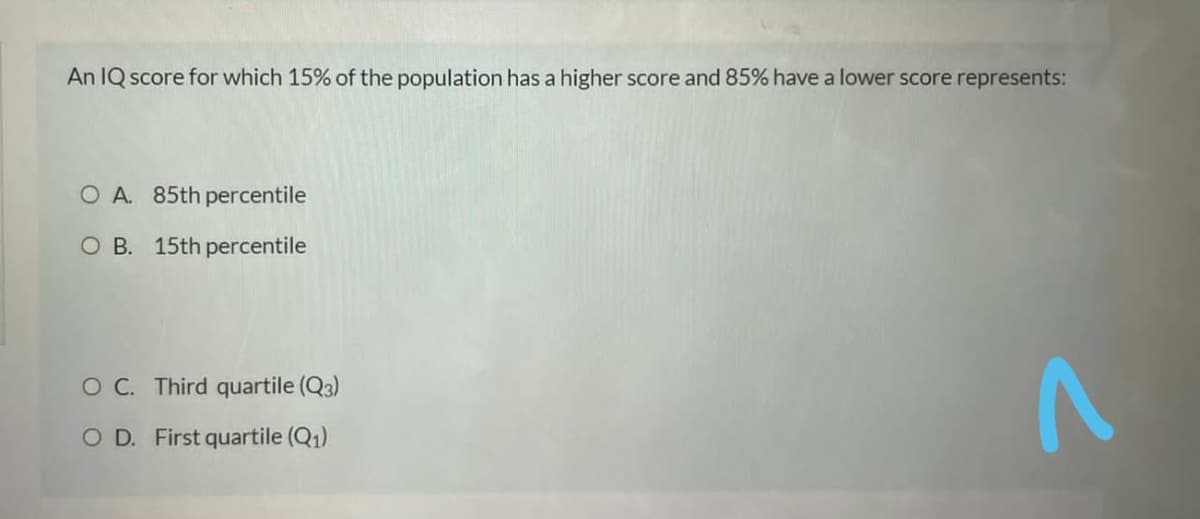 An IQ score for which 15% of the population has a higher score and 85% have a lower score represents:
O A. 85th percentile
O B. 15th percentile
O C. Third quartile (Q3)
O D. First quartile (Q1)
