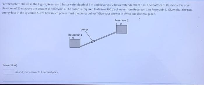 For the system shown in the Figure, Reservoir I has a water depth of 7 m and Reservoir 2 has a water depth of 8 m. The bottom of Reservoir 2 is at an
etevation of 20 m above the bottom of Reservoir 1. The pump is required to deliver 400 1/s of water from Reservoir I to Reservoir 2. Given that the total
energy loss in the system is 5 J/N, how much power must the pump deliver? Give your answer in kW to one decimal place.
Reservoir 2
pump
Reservoir 1
Power (kW)
Round your answer to I decimal place
