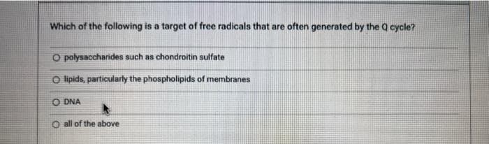 Which of the following is a target of free radicals that are often generated by the Q cycle?
O polysaccharides such as chondroitin sulfate
O lipids, particularly the phospholipids of membranes
O DNA
O all of the above