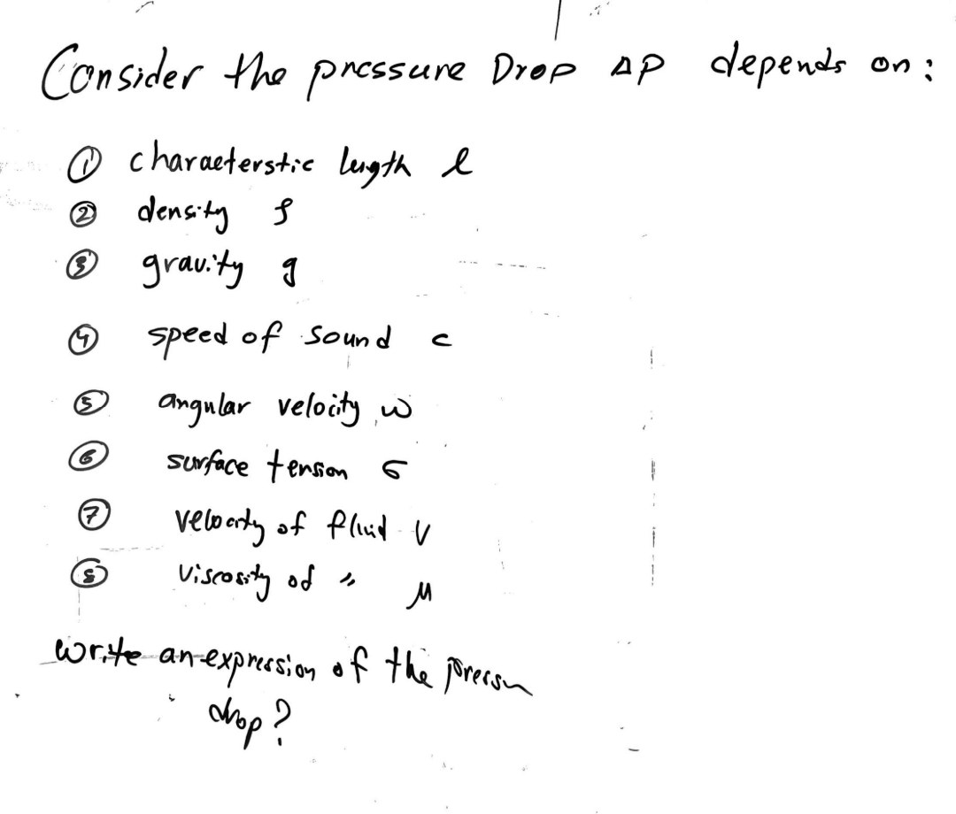 Consider the prossure Drop Ap depends on :
® charaeterstic lugth e
® density f
® grauity q
speed of Sound
angular veloity w
surface tenson 6
velo ardy of Plud v
Visrosity of s
write anexpresion of the porecom
dap?
