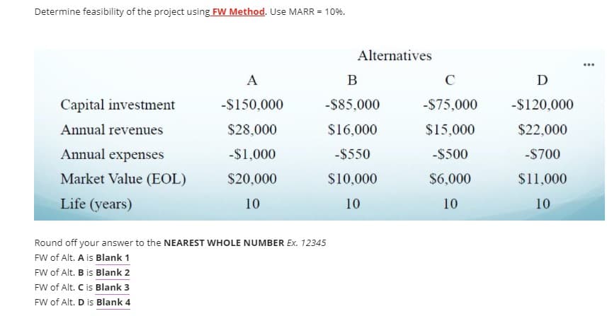 Determine feasibility of the project using FW Method. Use MARR = 10%.
Alternatives
А
B
C
D
Capital investment
-$150,000
-$85,000
-$75,000
-$120,000
Annual revenues
$28,000
$16,000
$15,000
$22,000
Annual expenses
-$1,000
-$550
-$500
-S700
Market Value (EOL)
$20,000
$10,000
$6,000
$11,000
Life (years)
10
10
10
10
Round off your answer to the NEAREST WHOLE NUMBER Ex. 12345
FW of Alt. A is Blank 1
FW of Alt. B is Blank 2
FW of Alt. C is Blank 3
FW of Alt. D is Blank 4
