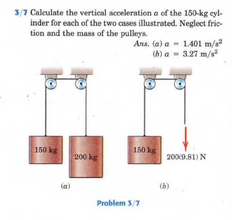 3/7 Calculate the vertical acceleration a of the 150-kg cyl-
inder for each of the two cases illustrated. Neglect fric-
tion and the mass of the pulleys.
150 kg
(a)
200 kg
Ans. (a) a = 1.401 m/s²
(b) a = 3.27 m/s²
150 kg
Problem 3/7
200(9.81) N
(b)