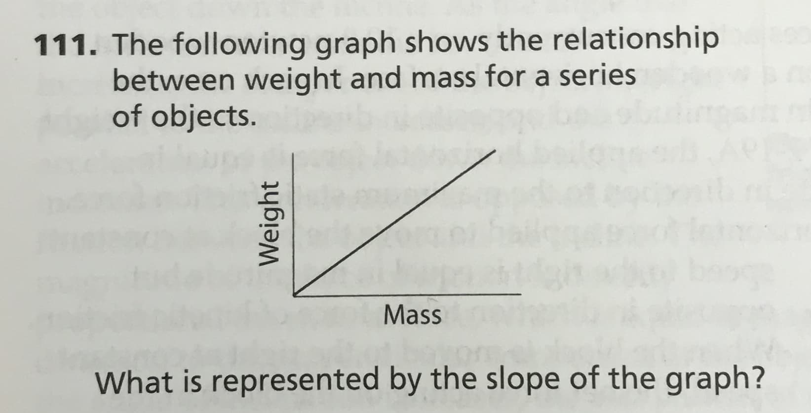 111. The following graph shows the relationship
between weight and mass for a series
of objects.
Mass
What is represented by the slope of the graph?
Weight
