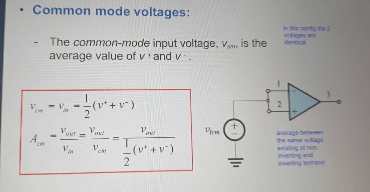 • Common mode voltages:
in this config the 2
valtages are
identical.
The common-mode input voltage, vems is the
average value of v and V - .
1
= V.
in
2
average between
the same voltage
existing at non
inverting and
inverting terminal
V out
V out
Vicm
Vout
A
V.
cm
- (v* + v*)
cm
V in
두
