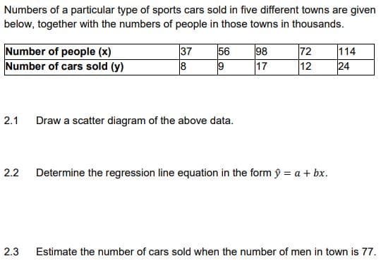 Numbers of a particular type of sports cars sold in five different towns are given
below, together with the numbers of people in those towns in thousands.
Number of people (x)
Number of cars sold (y)
37
8
56
98
17
72
12
114
24
2.1
Draw a scatter diagram of the above data.
2.2
Determine the regression line equation in the form ý = a + bx.
2.3
Estimate the number of cars sold when the number of men in town is 77.
