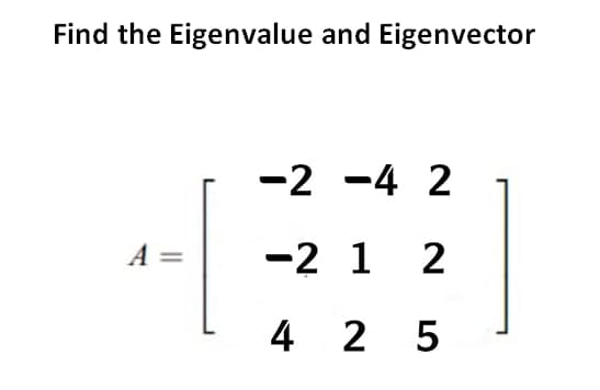 Find the Eigenvalue and Eigenvector
-2 -4 2
A =
-2 1 2
4 2 5
