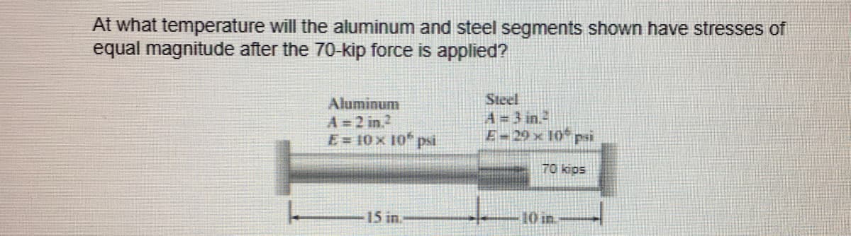 At what temperature will the aluminum and steel segments shown have stresses of
equal magnitude after the 70-kip force is applied?
Aluminum
A=2 in2
E= 10x 10 psi
Steel
A = 3 in.2
E-29 x 10 psi
70 kips
15 in.
10 in.
