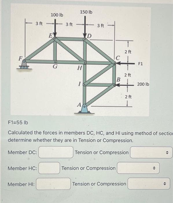 F
F1=55 lb
3 ft
Member DC:
Member HC:
Member HI:
100 lb
E
G
3 ft
150 lb
H
I
A
D
3 ft
2 ft
+
2 ft
+
2 ft
Calculated the forces in members DC, HC, and HI using method of section
determine whether they are in Tension or Compression.
Tension or Compression
Tension or Compression
B
F1
Tension or Compression
200 lb
(
4)