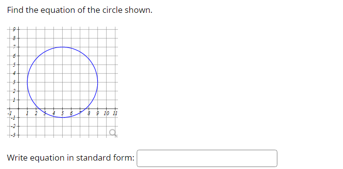 Find the equation of the circle shown.
to
4
3 9 10 il
Write equation in standard form:
