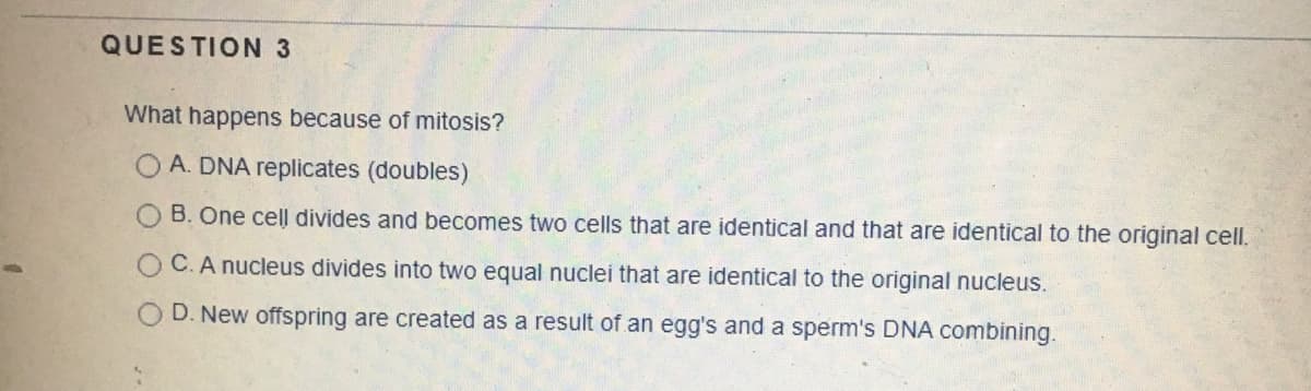 QUESTION 3
What happens because of mitosis?
A. DNA replicates (doubles)
B. One cell divides and becomes two cells that are identical and that are identical to the original cell.
C.A nucleus divides into two equal nuclei that are identical to the original nucleus.
D. New offspring are created as a result of an egg's and a sperm's DNA combining.
