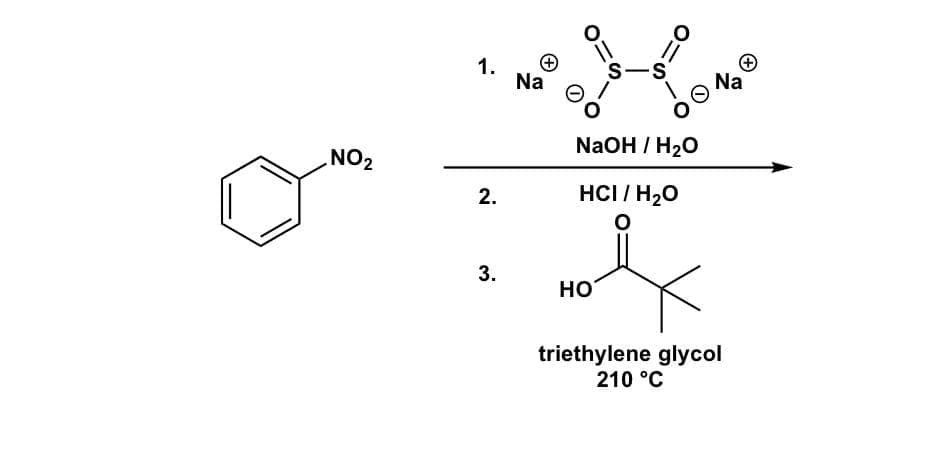 1.
Na
s-S
Na
NaOH / H20
NO2
2.
HCI / H20
HO
triethylene glycol
210 °C
3.
