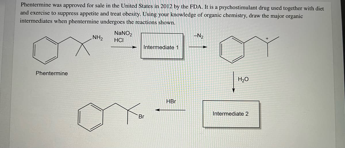 Phentermine was approved for sale in the United States in 2012 by the FDA. It is a psychostimulant drug used together with diet
and exercise to suppress appetite and treat obesity. Using your knowledge of organic chemistry, draw the major organic
intermediates when phentermine undergoes the reactions shown.
or
NANO2
NH2
-N2
HCI
Intermediate 1
Phentermine
H20
HBr
Intermediate 2
Br

