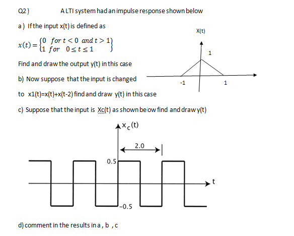 Q2)
ALTI system had an impulse response shown below
a) Ifthe input x(t) is defined as
X(t)
s0 for t <0 and t > 1)
x(t) =
l1 for 0sts1
1
Find and draw the output y(t) in this case
b) Now suppose that the input is changed
-1
to x1(t)=x(t)+x(t-2) find and draw y(t) in this case
c) Suppose that the input is Xc(t) as shown below find and draw y(t)
Axc(t)
2.0
0.5
-0.5
d) comment in the results in a, b ,c
