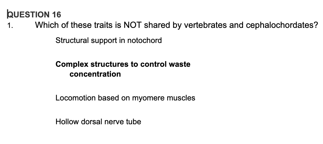 QUESTION 16
1.
Which of these traits is NOT shared by vertebrates and cephalochordates?
Structural support in notochord
Complex structures to control waste
concentration
Locomotion based on myomere muscles
Hollow dorsal nerve tube
