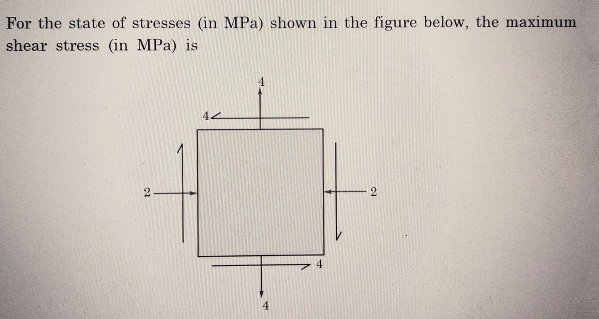 For the state of stresses (in MPa) shown in the figure below, the maximum
shear stress (in MPa) is
2-
44
4
4
4
2
1