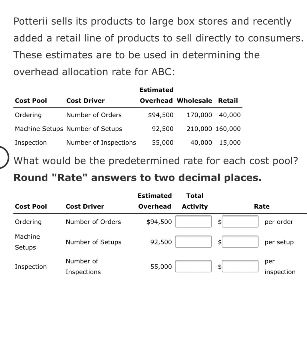 Potterii sells its products to large box stores and recently
added a retail line of products to sell directly to consumers.
These estimates are to be used in determining the
overhead allocation rate for ABC:
Estimated
Cost Pool
Cost Driver
Overhead Wholesale Retail
Ordering
Number of Orders
$94,500
170,000 40,000
Machine Setups Number of Setups
92,500
210,000 160,000
Inspection
Number of Inspections
55,000
40,000 15,000
What would be the predetermined rate for each cost pool?
Round "Rate" answers to two decimal places.
Estimated
Total
Cost Pool
Cost Driver
Overhead
Activity
Rate
Ordering
Number of Orders
$94,500
$
per order
Machine
Number of Setups
92,500
per setup
Setups
Number of
per
Inspection
55,000
2$
Inspections
inspection
