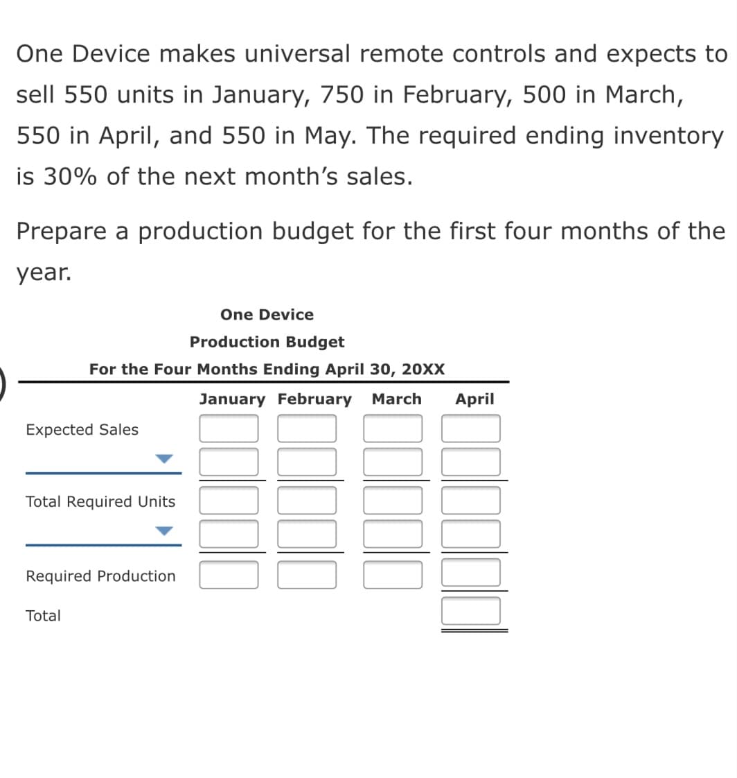 One Device makes universal remote controls and expects to
sell 550 units in January, 750 in February, 500 in March,
550 in April, and 550 in May. The required ending inventory
is 30% of the next month's sales.
Prepare a production budget for the first four months of the
year.
One Device
Production Budget
For the Four Months Ending April 30, 20XX
January February
March
April
Expected Sales
Total Required Units
Required Production
Total
