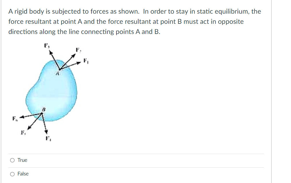 A rigid body is subjected to forces as shown. In order to stay in static equilibrium, the
force resultant at point A and the force resultant at point B must act in opposite
directions along the line connecting points A and B.
F.
O True
O False
