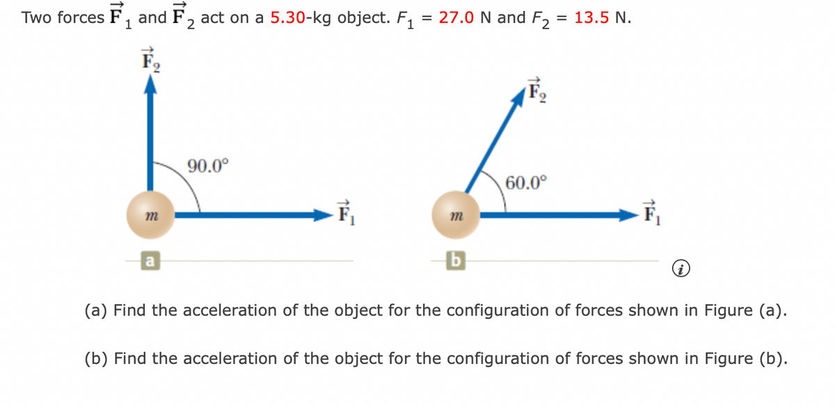 Two forces
and F₂ act on a 5.30-kg object. F₁
1
F₂
m
a
90.0⁰
= 27.0 N and F₂ = 13.5 N.
스
L
60.0⁰
m
b
(a) Find the acceleration of the object for the configuration of forces shown in Figure (a).
(b) Find the acceleration of the object for the configuration of forces shown in Figure (b).