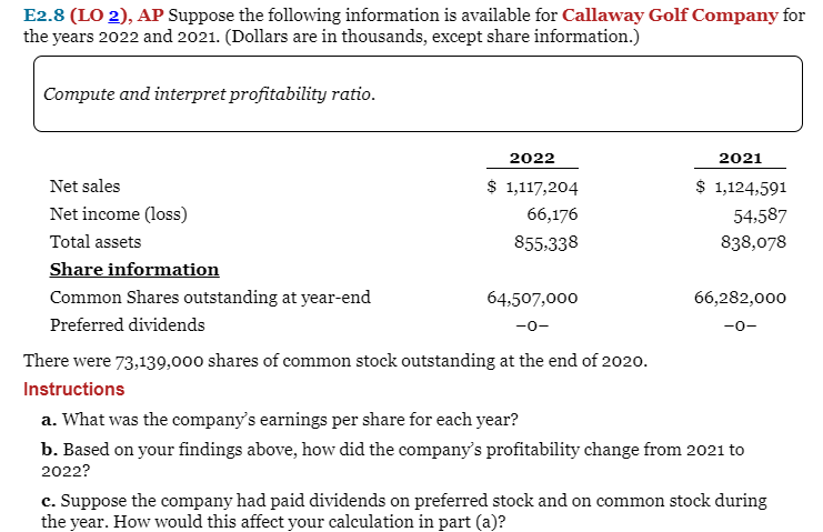 E2.8 (LO 2), AP Suppose the following information is available for Callaway Golf Company for
the years 2022 and 2021. (Dollars are in thousands, except share information.)
Compute and interpret profitability ratio.
2022
2021
Net sales
$ 1,117,204
$ 1,124,591
Net income (loss)
66,176
54,587
838,078
Total assets
855,338
Share information
Common Shares outstanding at year-end
64,507,000
66,282,000
Preferred dividends
-0-
-0-
There were 73,139,000 shares of common stock outstanding at the end of 2020.
Instructions
a. What was the company's earnings per share for each year?
b. Based on your findings above, how did the company's profitability change from 2021 to
2022?
c. Suppose the company had paid dividends on preferred stock and on common stock during
the year. How would this affect your calculation in part (a)?