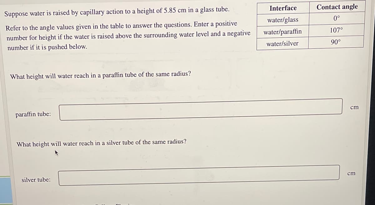 Suppose water is raised by capillary action to a height of 5.85 cm in a glass tube.
Interface
Contact angle
water/glass
0°
Refer to the angle values given in the table to answer the questions. Enter a positive
number for height if the water is raised above the surrounding water level and a negative
water/paraffin
107°
number if it is pushed below.
water/silver
90°
What height will water reach in a paraffin tube of the same radius?
paraffin tube:
ст
What height will water reach in a silver tube of the same radius?
silver tube:
ст
