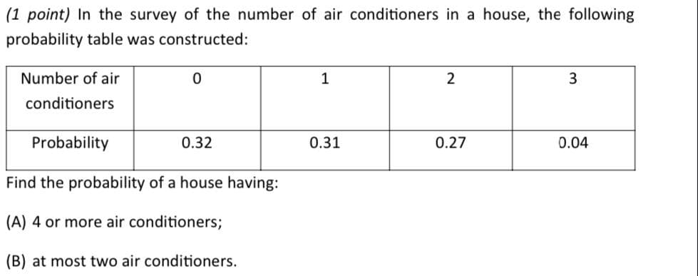 (1 point) In the survey of the number of air conditioners in a house, the following
probability table was constructed:
Number of air
conditioners
Probability
0.32
0.31
0.27
0.04
Find the probability of a house having:
(A) 4 or more air conditioners;
(B) at most two air conditioners.
