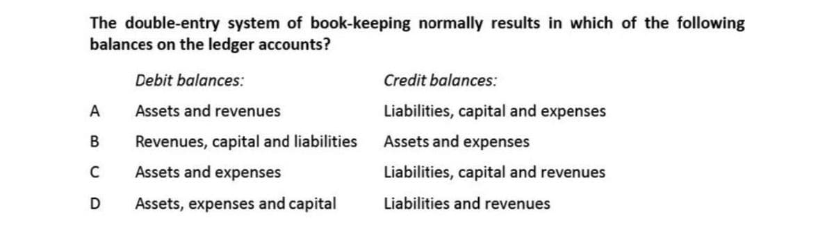 The double-entry system of book-keeping normally results in which of the following
balances on the ledger accounts?
Debit balances:
Credit balances:
A
Assets and revenues
Liabilities, capital and expenses
Revenues, capital and liabilities
Assets and expenses
C
Assets and expenses
Liabilities, capital and revenues
D
Assets, expenses and capital
Liabilities and revenues
