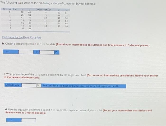 The following data were collected during a study of consumer buying patterns:
Observation
Observation
y.
69
y.
18
19
81
2
26
81
9
14
75
41
85
10
10
76
4
35
77
11
25
83
56
95
12
21
86
46
93
13
29
90
33
86
Click here for the Excel Data File
b. Obtain a linear regression line for the data (Round your intermediote calculations and final answers to 3 decimal places.)
y3=
c. What percentage of the variation is explained by the regression line? (Do not round intermediate calculations. Round your answer
to the nearest whole percent.)
Approximately
of the varlation in the dependent varlable is explainud by the independent variable
d. Use the equation determined in part b to predict the expected value of y for x 44. (Round your intermediate calculations and
final answers to 3 decimal places.)
