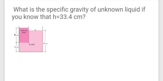 What is the specific gravity of unknown liquid if
you know that h=33.4 cm?
