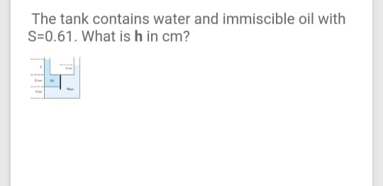 The tank contains water and immiscible oil with
S=0.61. What is h in cm?
