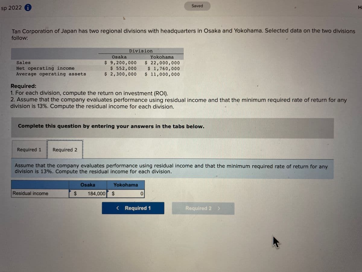 Saved
sp 2022 i
Tan Corporation of Japan has two regional divisions with headquarters in Osaka and Yokohama. Selected data on the two divisions
follow:
Division
Osaka
Yokohama
$ 9,200,000
$ 552,000
$ 2,300,000
$ 22,000,000
$ 1,760,000
$ 11,000,000
Sales
Net operating income
Average operating assets
Required:
1. For each division, compute the return on investment (ROI).
2. Assume that the company evaluates performance using residual income and that the minimum required rate of return for any
division is 13%. Compute the residual income for each division.
Complete this question by entering your answers in the tabs below.
Required 1
Required 2
Assume that the company evaluates performance using residual income and that the minimum required rate of return for any
division is 13%. Compute the residual income for each division.
Osaka
Yokohama
Residual income
2$
184,000 $
< Required 1
Required 2 >
