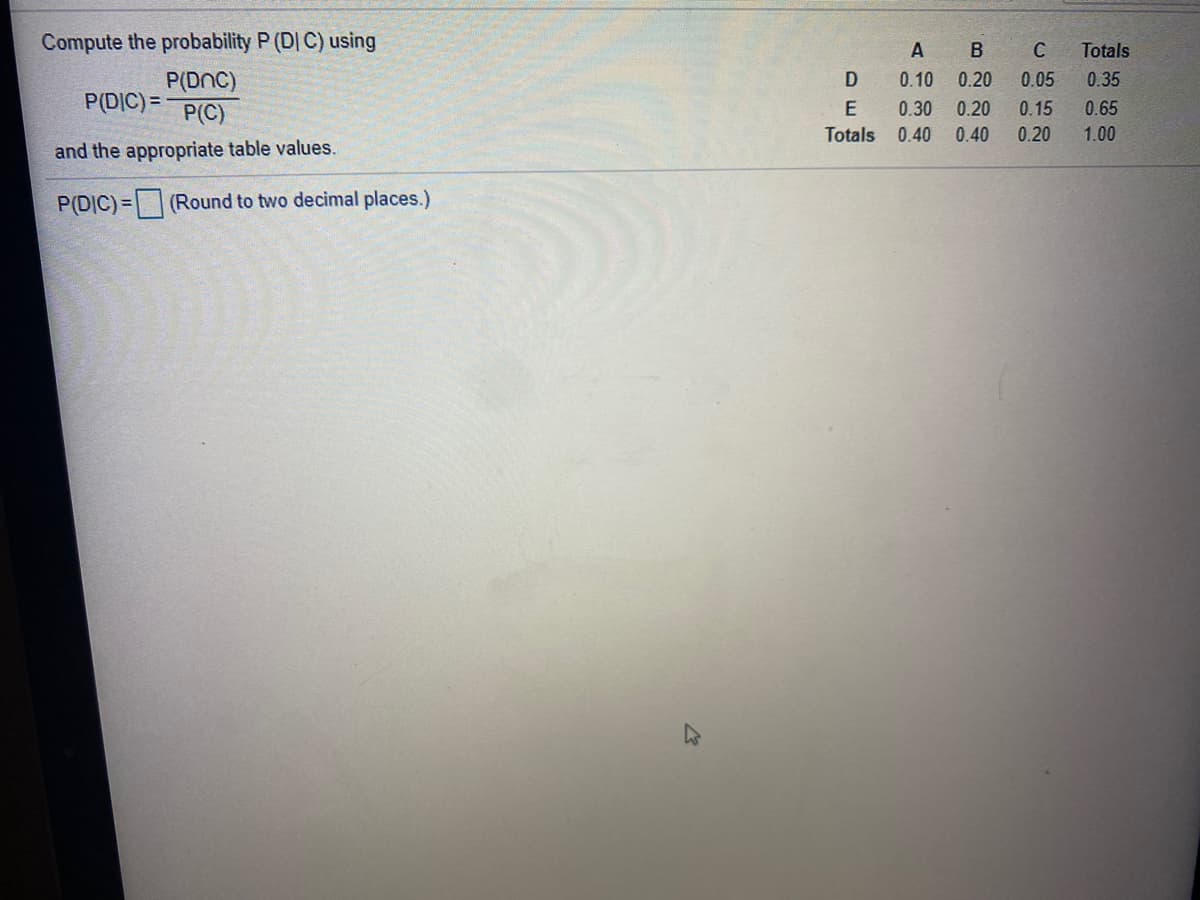 Compute the probability P (DI C) using
A
B
C
Totals
P(DnC)
D
0.10
0.20
0.05
0.35
P(DIC) =
P(C)
E
0.30
0.20
0.15
0.65
Totals
0.40
0.40
0.20
1.00
and the appropriate table values.
P(DIC) = |(Round to two decimal places.)
