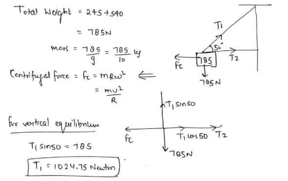 Total
welght
= 245+540
Ti
= 185N
moK = 18S
185 ly
10
%3D
T2
Centifuget firce = fe = mRw
= mu2
%3D
785N
R
Sin so
for vertical
quilbmee
T, os 50
T2
fe
Ti Sinso - 185
T,-1024.15 Newtun
