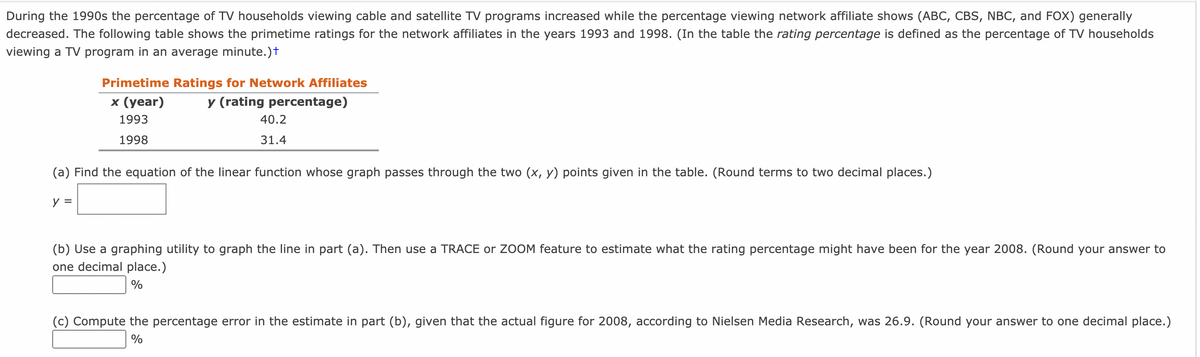 During the 1990s the percentage of TV households viewing cable and satellite TV programs increased while the percentage viewing network affiliate shows (ABC, CBS, NBC, and FOX) generally
decreased. The following table shows the primetime ratings for the network affiliates in the years 1993 and 1998. (In the table the rating percentage is defined as the percentage of TV households
viewing a TV program in an average minute.)†
Primetime Ratings for Network Affiliates
x (year)
y (rating percentage)
1993
40.2
1998
31.4
(a) Find the equation of the linear function whose graph passes through the two (x, y) points given in the table. (Round terms to two decimal places.)
y =
(b) Use a graphing utility to graph the line in part (a). Then use a TRACE or ZOOM feature to estimate what the rating percentage might have been for the year 2008. (Round your answer to
one decimal place.)
%
(c) Compute the percentage error in the estimate in part (b), given that the actual figure for 2008, according to Nielsen Media Research, was 26.9. (Round your answer to one decimal place.)
