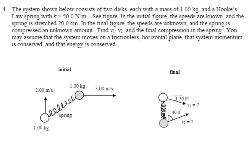 4. The system shown below consists of two disks, each with a mass of 1.00 kg, and a Hooke's
Law spring with k = 50.0 N/m. See figure. In the initial figure, the speeds are known, and the
spring is stretched 20.0 cm. In the final figure, the speeds are unknown, and the spring is
compressed an unknown amount. Find vi, v2, and the final compression in the spring. You
may assume that the system moves on a frictionless, horizontal plane, that system momentum
is conserved, and that energy is conserved.
initial
final
1.00 kg
deeleee
spring
2.00 m/s
3.00 m/s
30.00
Vị = ?
40.0°
1.00 kg
v2 = ?
kll
