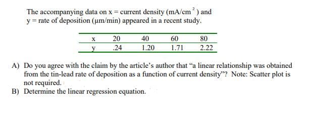 The accompanying data on x = current density (mA/cm) and
y = rate of deposition (um/min) appeared in a recent study.
40
1.20
80
2.22
20
60
1.71
.24
A) Do you agree with the claim by the article's author that "a linear relationship was obtained
from the tin-lead rate of deposition as a function of current density"? Note: Scatter plot is
not required.
B) Determine the linear regression equation.
