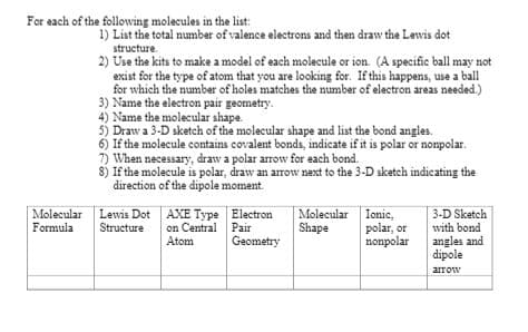 For
each of the following molecules in the list:
1) List the total number of valence electrons and then draw the Lewis dot
structure.
2) Use the kits to make a model of each molecule or ion. (A specific ball may not
exist for the type of atom that you are looking for. If this happens, use a ball
for which the number of holes matches the number of electron areas needed.)
3) Name the electron pair geometry.
4) Name the molecular shape.
5) Draw a 3-D sketch of the molecular shape and list the bond angles.
6) If the molecule contains covalent bonds, indicate if it is polar or nonpolar.
7) When necessary, draw a polar arrow for each bond.
8) If the molecule is polar, draw an arrow next to the 3-D sketch indicating the
direction of the dipole moment.
Molecular Lewis Dot AXE Type Electron
on Central Pair
Atom
Molecular Ionic,
polar, or
nonpolar
3-D Sketch
Formula
Structure
Shape
with bond
Geometry
angles and
dipole
arrow
