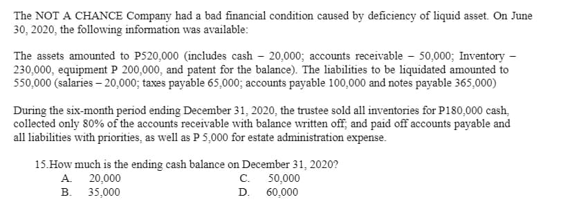 The NOT A CHANCE Company had a bad financial condition caused by deficiency of liquid asset. On June
30, 2020, the following information was available:
The assets amounted to P520,000 (includes cash - 20,000; accounts receivable – 50,000; Inventory -
230,000, equipment P 200,000, and patent for the balance). The liabilities to be liquidated amounted to
550,000 (salaries – 20,000; taxes payable 65,000; accounts payable 100,000 and notes payable 365,000)
During the six-month period ending December 31, 2020, the trustee sold all inventories for P180,000 cash,
collected only 80% of the accounts receivable with balance written off; and paid off accounts payable and
all liabilities with priorities, as well as P 5,000 for estate administration expense.
15.How much is the ending cash balance on December 31, 2020?
A. 20,000
35,000
С.
50,000
60,000
В.
D.
