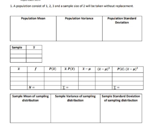 1. A population consist of 1, 2, 3 and a sample size of 2 will be taken without replacement.
Population Mean
Population Variance
Population Standard
Deviation
Sample
P(X)
X. P(X) x-H (X-)
P). (X- )
| =
Sample Mean of sampling Sample Variance of sampling Sample Standard Deviation
of sampling distribution
distribution
distribution
