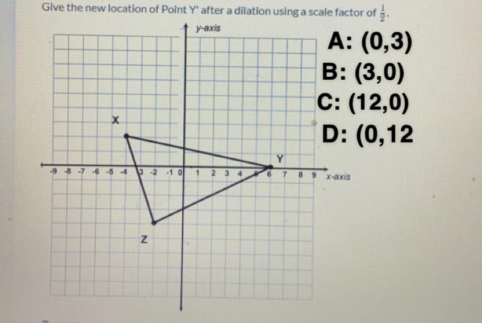 Give the new location of Poìnt Y' after a dilation using a scale factor of5.
y-axis
A: (0,3)
B: (3,0)
C: (12,0)
D: (0,12
Y
-9 8-7 -6 -5 4
3 -2 -1 0
1 2 3 4
7 8 9 x-axis
