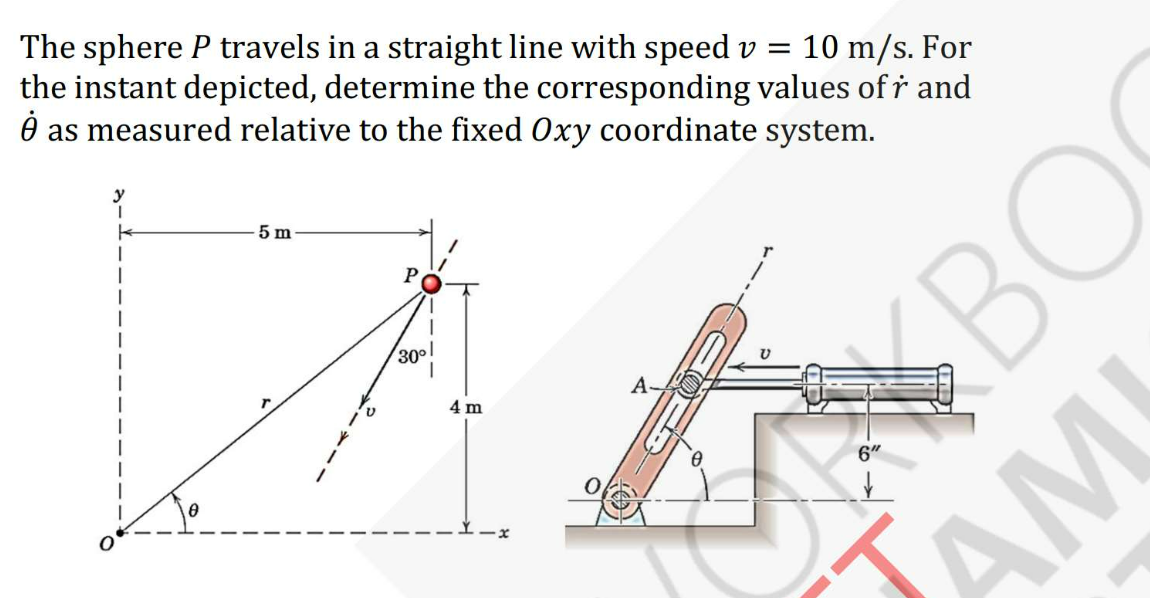 The sphere P travels in a straight line with speed v =
the instant depicted, determine the corresponding values of r and
as measured relative to the fixed Oxy coordinate system.
10 m/s. For
BO
AM
5 m
30°
4 m
A-
6"
